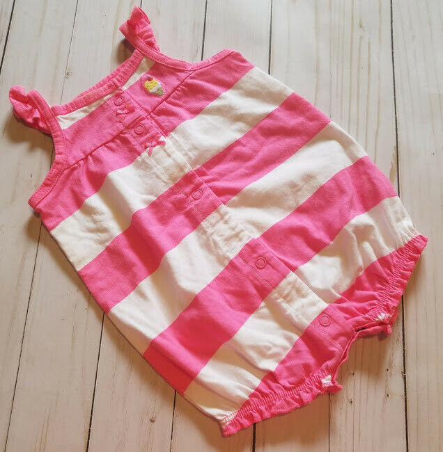 Carter's Spring Romper Pink Stripes & Ice Cream Baby Girl Sz 3M Flutter Sleeves