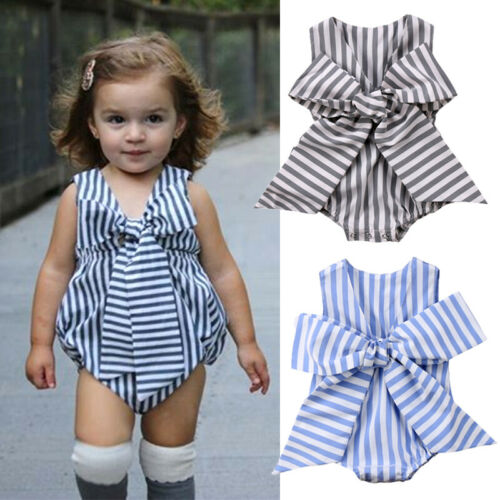 Stripes Newborn Baby Girl Bowknot Sleeveless Romper Jumpsuit Clothes Outfits USA