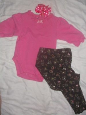 CHILDRENS PLACE ?OUTFIT?0-3M?Hot Pnk Top & Brn Leggings w Puppy Dogs?BOW