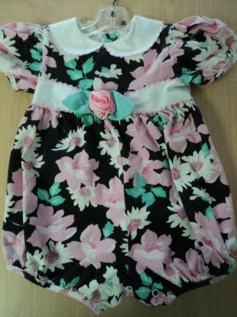 Vintage Girls Size 2T Summer Floral 1-Piece Romper Outfit  Black, Pink - Cute!