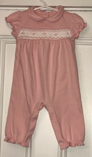 Janie And Jack Baby Girls Pink Smocked Collared Romper Sz 3-6m Jersey Cotton