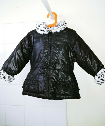 London Fog Toddler Girls Black Coat Faux Fur Leopard Print 4T New Jacket #A2
