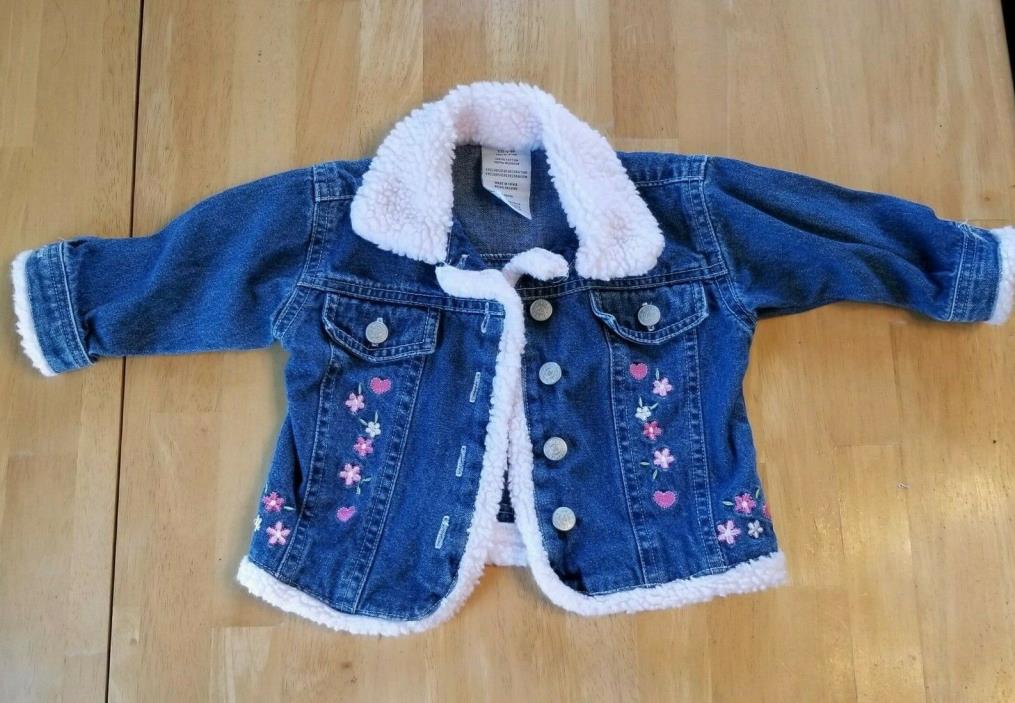 Girl's Denim Jean Jacket Light Pink Sherpa Lining Button Front Infant Size 6-9 M