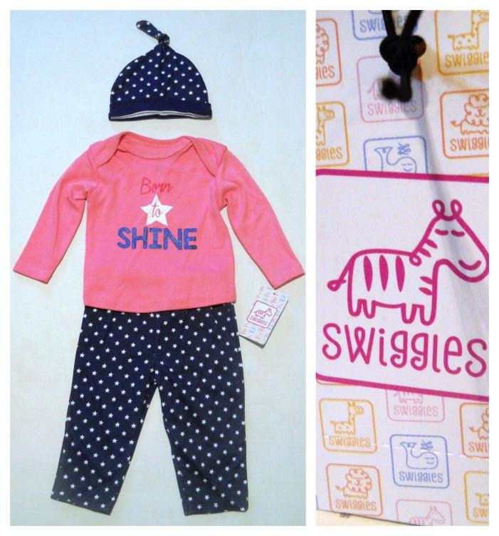 Swiggles Baby Girl Sz 3-6M 3 Pc Set Born to Shine Pink/Blue Shirt+Pants+Hat NWT
