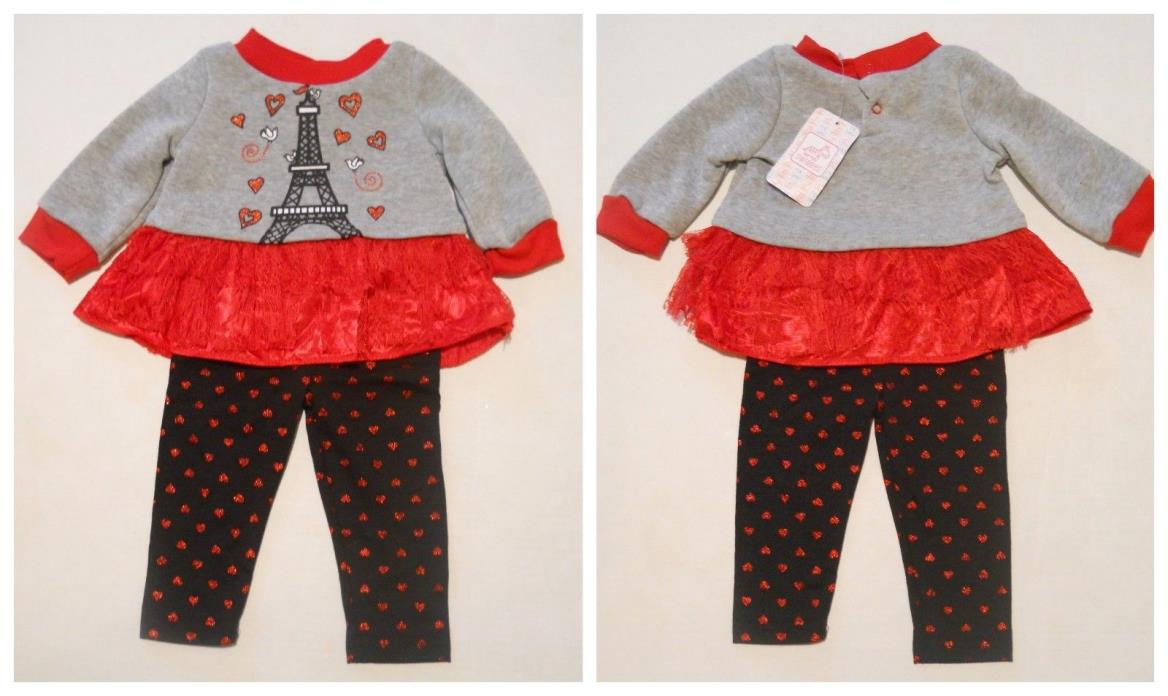 Swiggles Baby Girl Sz 0-3M 2 Pc Set Eiffel Tower Ruffles Lace Top+Pants Outfit