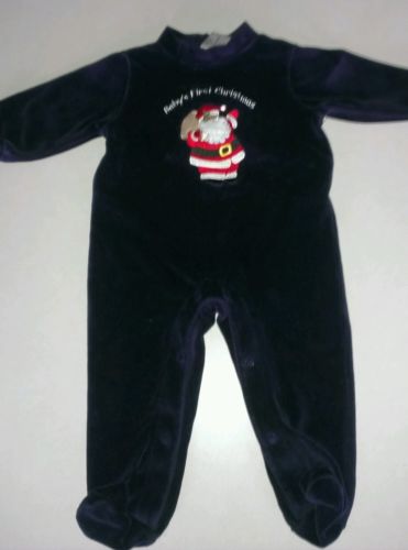 Baby 3/6 Month My First Christmas Pajamas Navy Blue Footsie one piece. Velvet