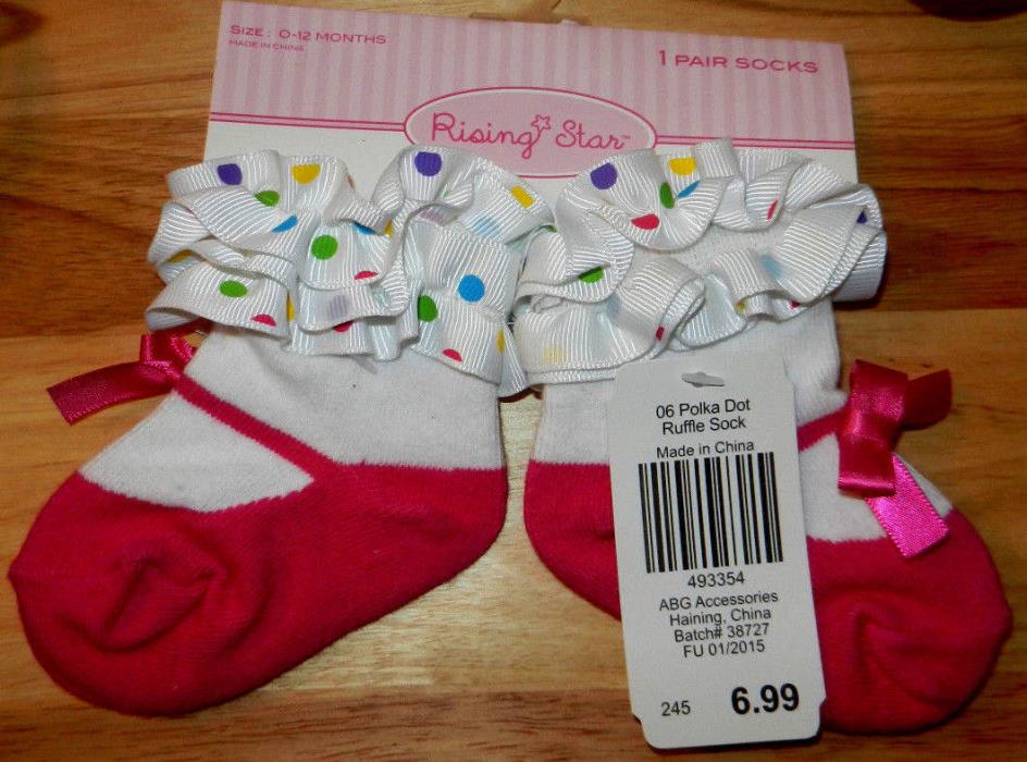 Rising Star Baby Girls Ribbon Ruffle Top Polka Dot Socks White/Pink 0-12M