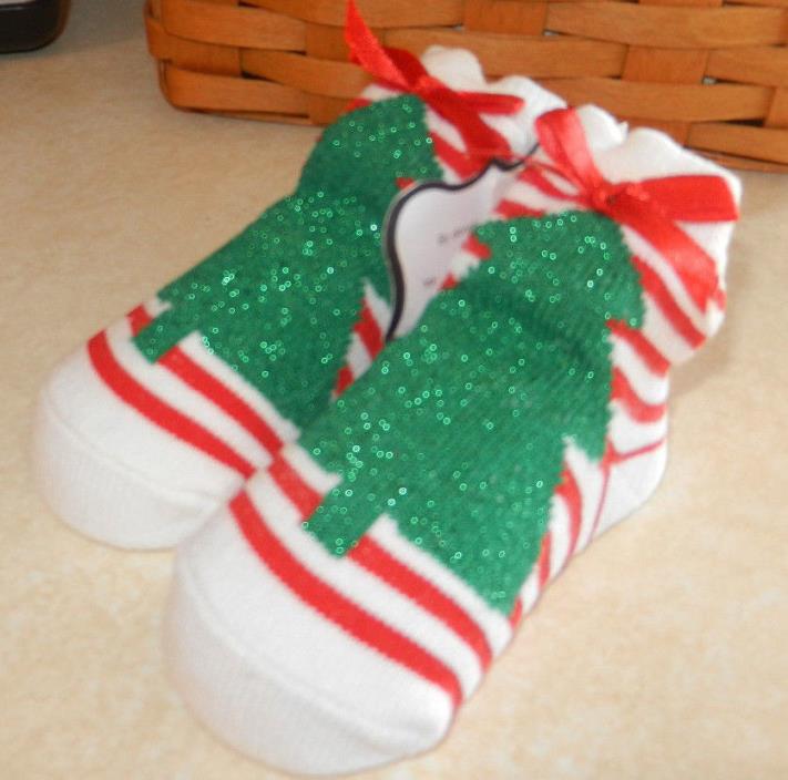 Mud Pie Girl Christmas Tree Socks Size 0-12 Months Bows Red/White Stripe