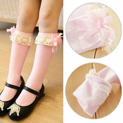 Baby Girl Toddler Kid Lace Bow Frill Knee High Length Warmer School Cotton Socks