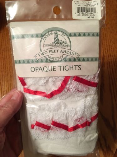 Two Feet Ahead OPAQUE tights size 2 - 4 Yrs Lace Bottom White/ Red Ribbon NIP