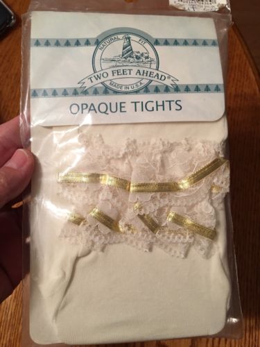 Two Feet Ahead OPAQUE tights size 0 - 6 Months Lace Bottom Ivory/ Gold Lame NIP
