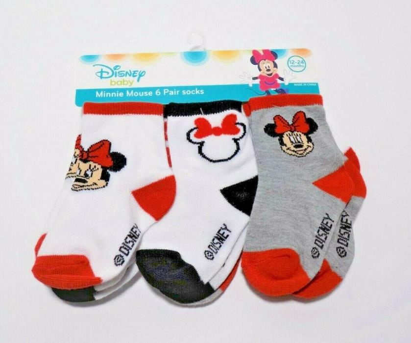 Disney Baby Minnie Mouse, Red Gray White, 6 Pair Girl's, Sock 12-24 months NEW