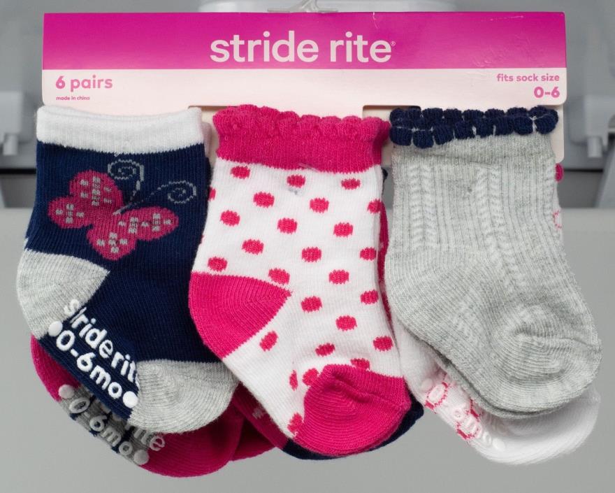 6 PAIRS Stride Rite Baby Girl's Socks Size 0-6 NIP Navy Gray Pink