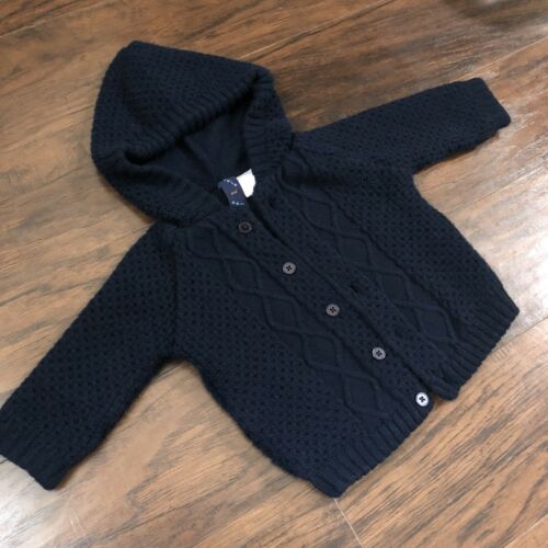 Baby Girl Oversized Cable Knit Button Up Sweater With Hood Navy Blue 18 Months