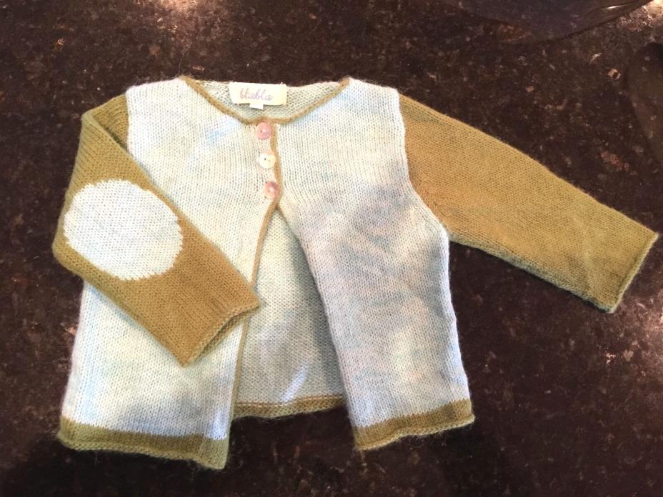 Girl size 6  months Blabla wool KNIT cardigan sweater green and blue
