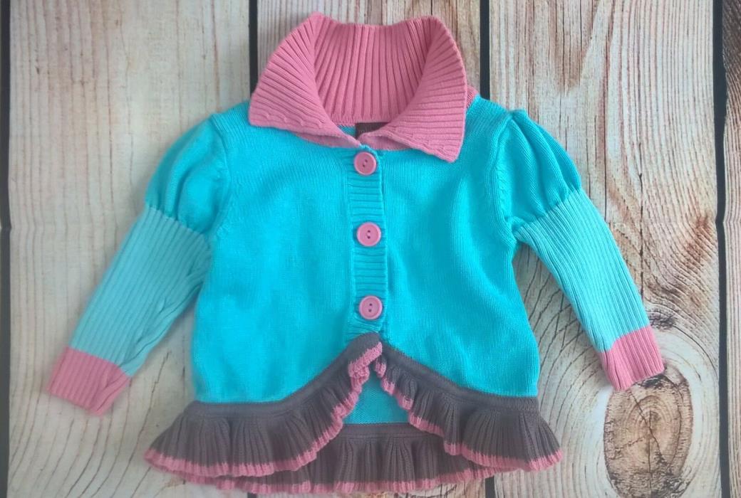 Rabbit Moon Girls 6-9M Pink Blue Ruffle Button Cardigan Sweater EUC