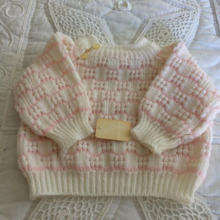 EUC Vtg Doll Baby Knitted Cardigan Jumper Pink White Buttons Newborn 0 6 POM HAT