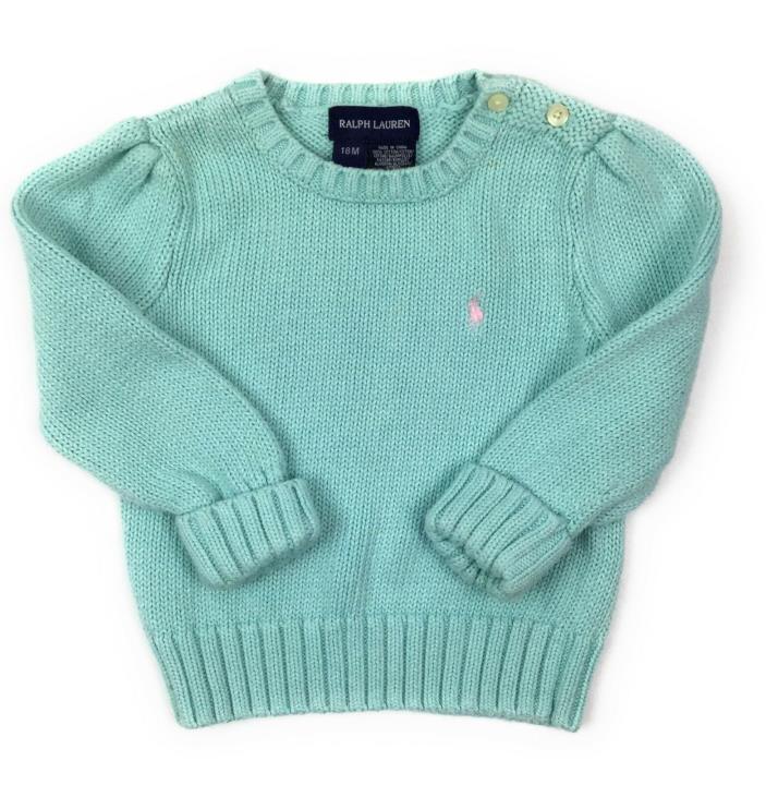 Ralph Lauren Toddler Girls Size 18M Green Sweater Pullover Knit Pink Polo Pony