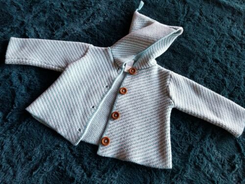 BABY STEM ORGANICS BLUE AND WHITE KNIT WOVEN BUTTON SWEATER CARDIGAN 12 BOY GIRL