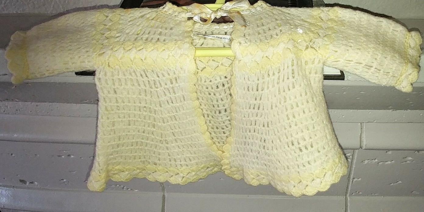 Vtg Crochet by TN Hand Knit Co  Baby Sweater Cream w Yellow Satin Tie doll