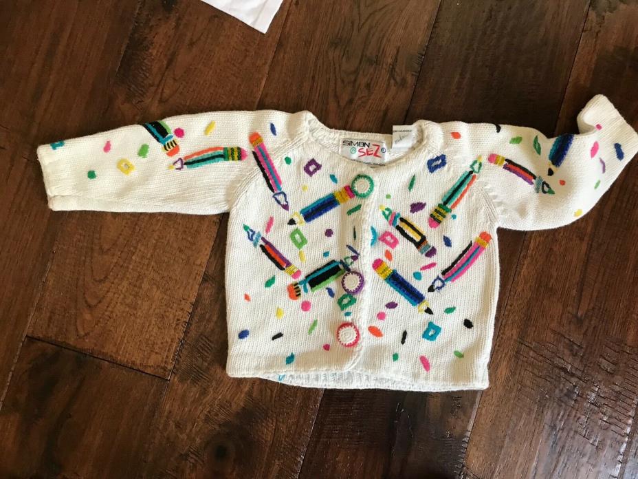 Simon Sez White Cardigan Sweater w/ Colorful Pencil Theme in Girls Size 2T