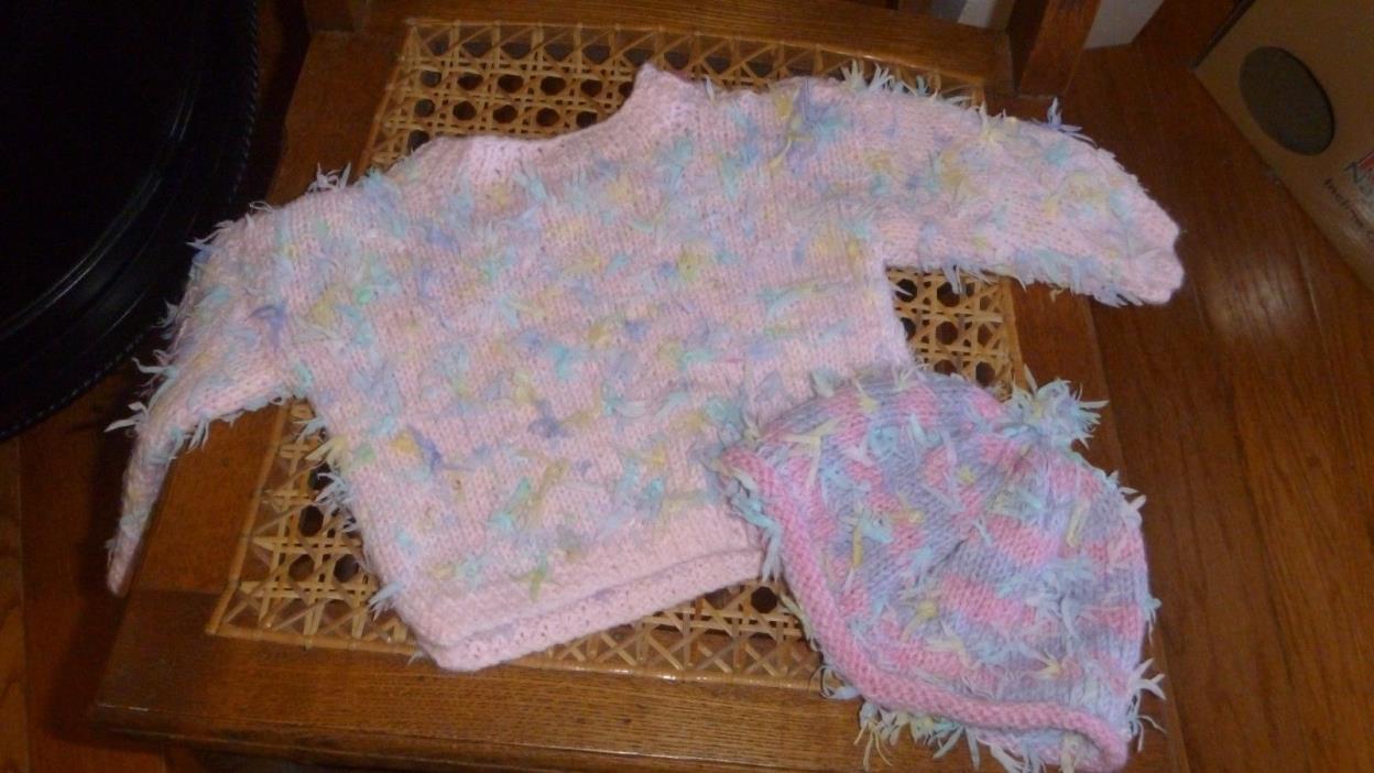 Baby Girl Infant Hand Knit Sweater and Hat size 6-9 months Pink And Muti Color