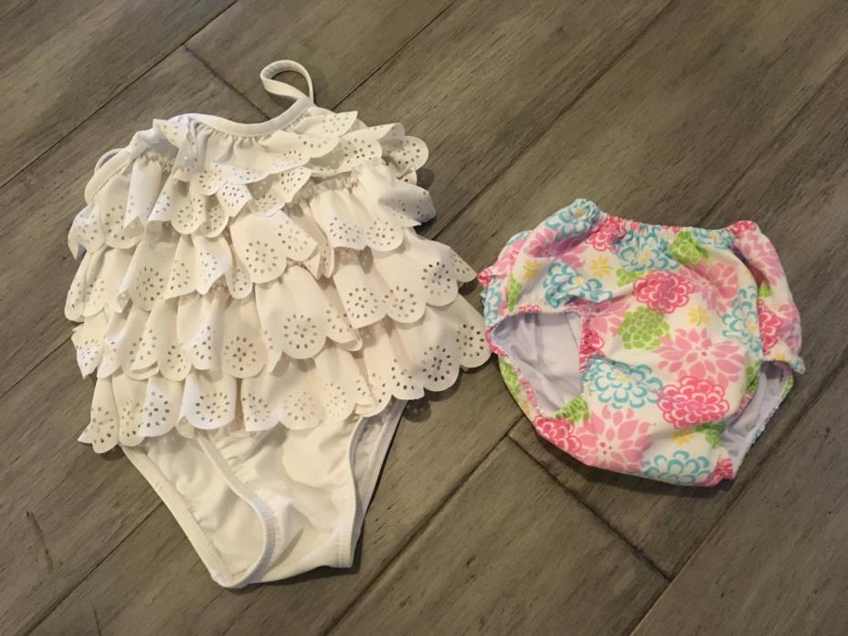 Baby Girls Gap White Eyelet Ruffle Bathing Swim Suit a & Matching Diaper 18-24 M