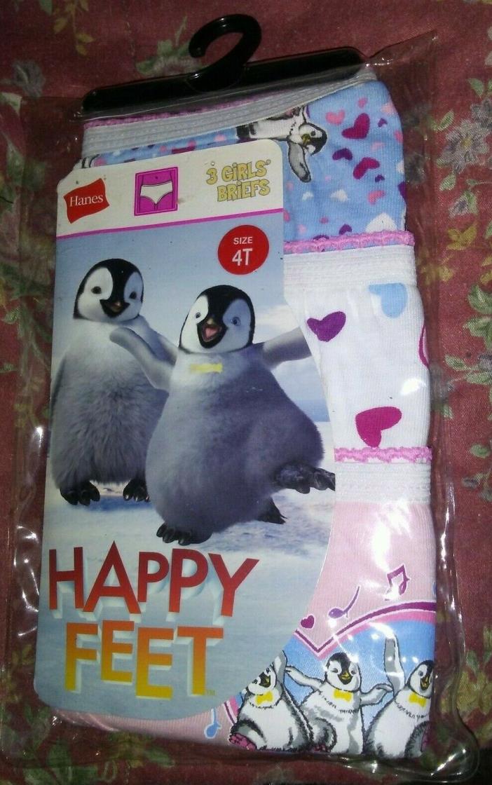 new HANES HAPPY FEET movie pack of 3 GIRLS' BRIEFS size 4T penguins hearts