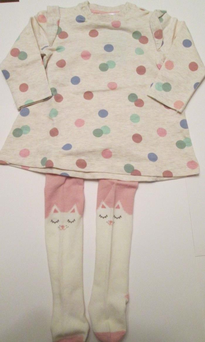 H & M Infant Girls Polka Dot Dress with Kitty Tights Multi-Color  Sz 6-9 Months