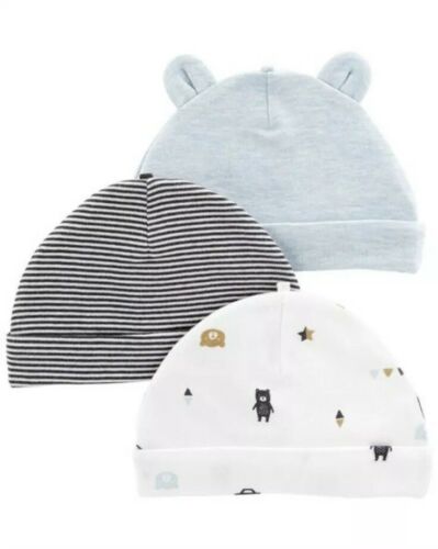 Carters Baby Boys 3-pk. Teddy Bear Hats/ Caps Size 0-3m Blue/black/white NWT