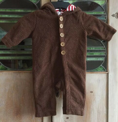 Hanna Andersson 70 Unisex Brown Sherpa Fleece Pram Romper Hood Ears Lined CUTE