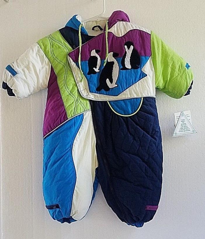 Vintage Giacca Young Gallery Baby Snowsuit Penguins Puffy Colorful 18 months NWT