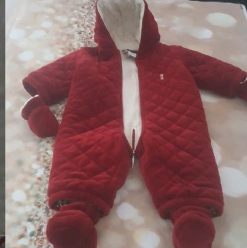 Burberry Authentic baby boy 3 6 M red snowsuit velvet mittens attached Holidays