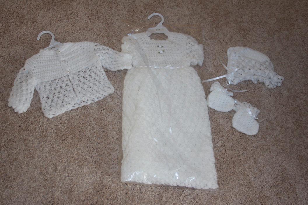 Custom Hand Knit Baby Blessing Set Gown Cardigan Hat Booties White NEW 3-6 m