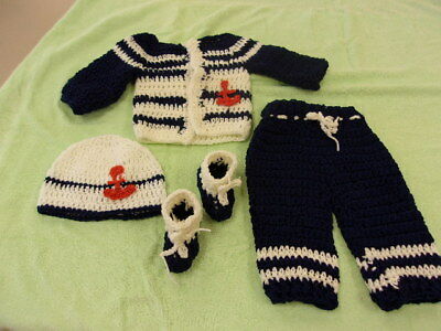Crocheted baby boys sailor suit 4-6 m blue and white