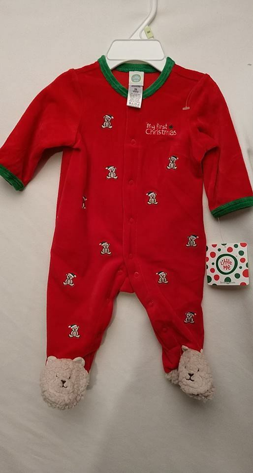 NWT Little Me Holiday Velour My First Christmas 3 Mo Pajamas Bear Red Snaps