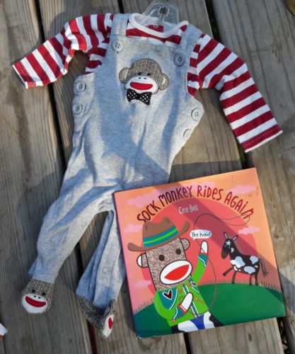 Sock Monkey Sleeper Size 3 M Knit sock monkey feet & HC book Baby Starters EUC