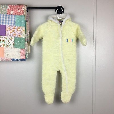 Vintage Unisex Baby Footie Pajamas Yellow Sherpa Fleece Embroidered Neutral 6-12