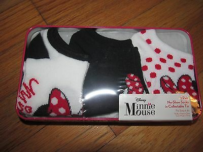 Disney Minnie Mouse Socks No Show 3 Pair 6-81/2 size Collectible Tin!