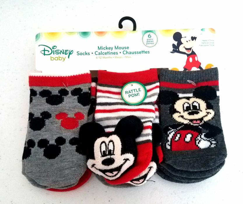 6 New Pairs Disney Mickey Mouse Infant Baby Socks 6-12 mo Rattle Pom Boys Unisex