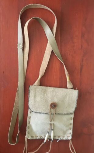 HIPPIE STYLE BUFF SUEDE LEATHER ~ POUCH FRINGE BEADED/BUTTON CLOSURE/HANDMADE