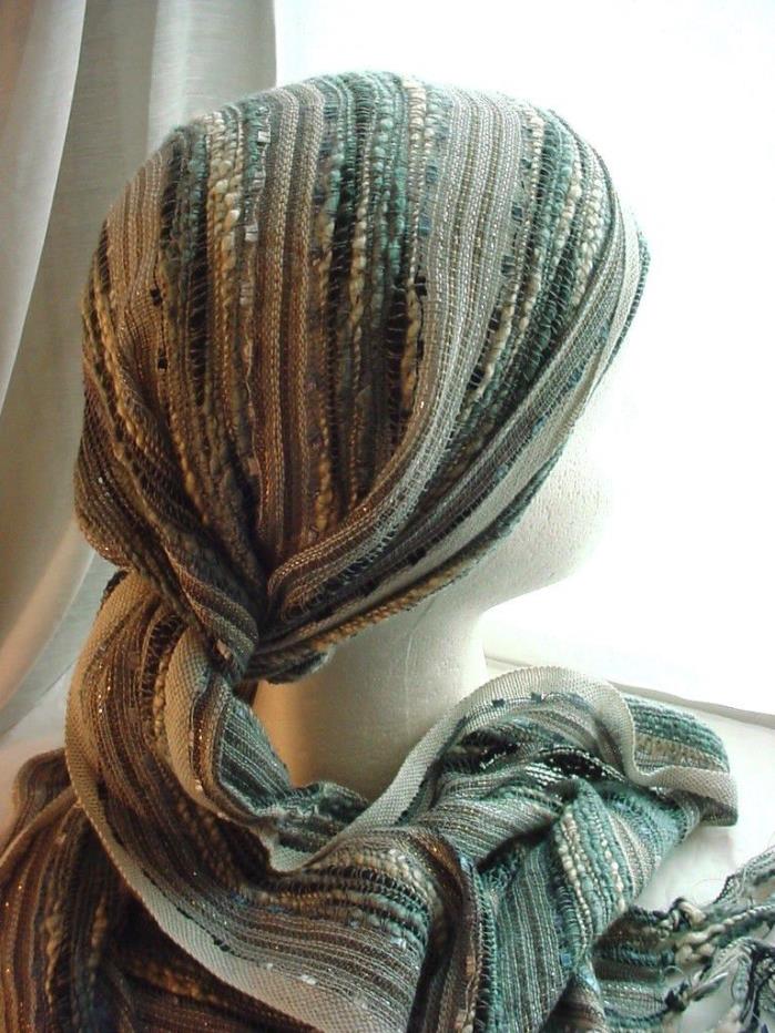 Striped Bohemian Gypsy Scarf Sash Hat Blue Gray Striped N16