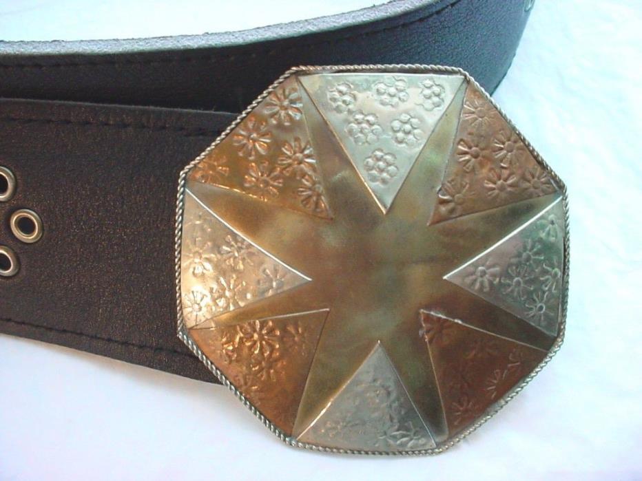 Vtg Mixed Metals on Leather Wide Belt Renaissance Garb LARP 33 to 37 Inch
