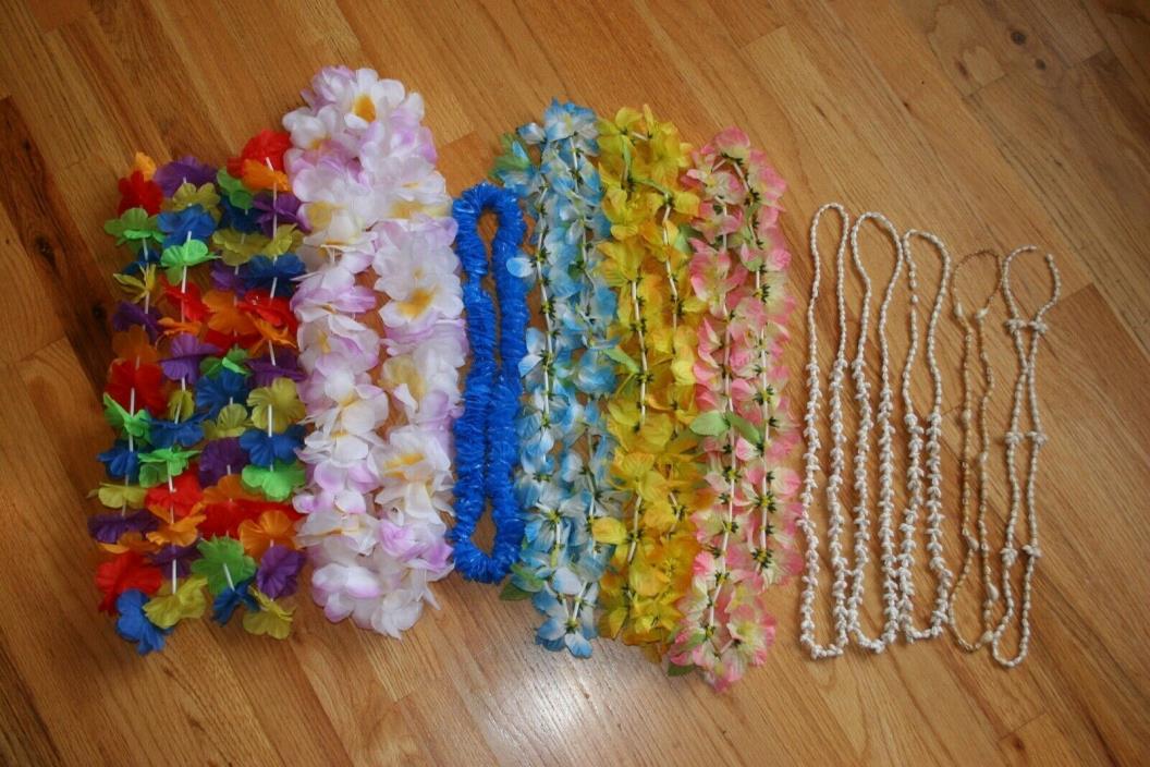Collection of Traditional Hawaiian Shell Necklaces and Colorful Luau Leis Party