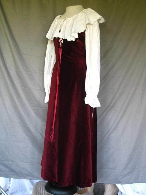 Medieval Renaissance Colonial Burgundy Velvet Dress and White Blouse
