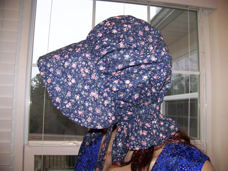 LADIES WOMENS BONNET Hat COSTUME,CIVIL WAR 100% COTTON Navy pink flowers #1106