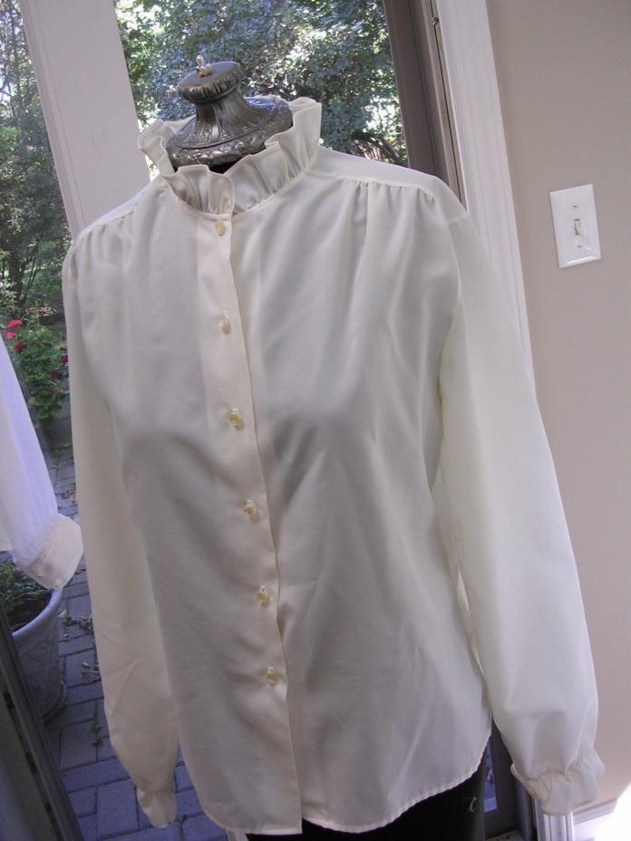 #391 WOMANS IVORY WHITE VICTORIAN INSPIRED w/ HIGH RUFFLED COLLAR BLOUSE SHIRT S