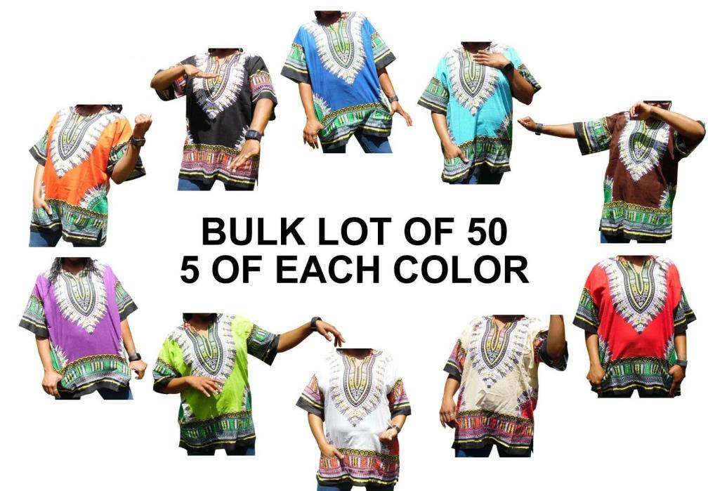 BULK LOT OF 50 DASHIKIS : 5 Of Each Color : American Dashiki Brand