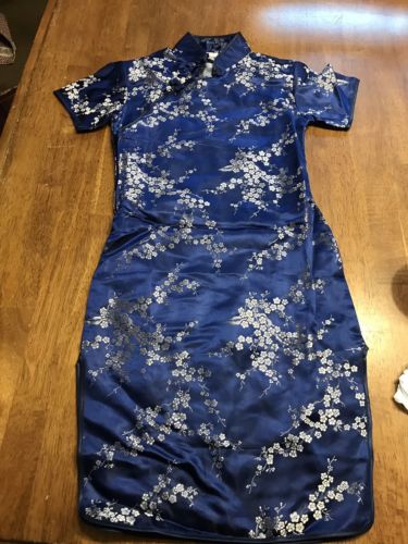 Golden Dragon Blue Silver Floral Cheongsam Dress Girls Childs Size 10 China