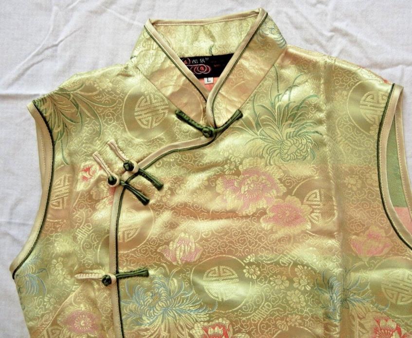 Chinese dress silk qipao cheongsam sleeveless long pale gold